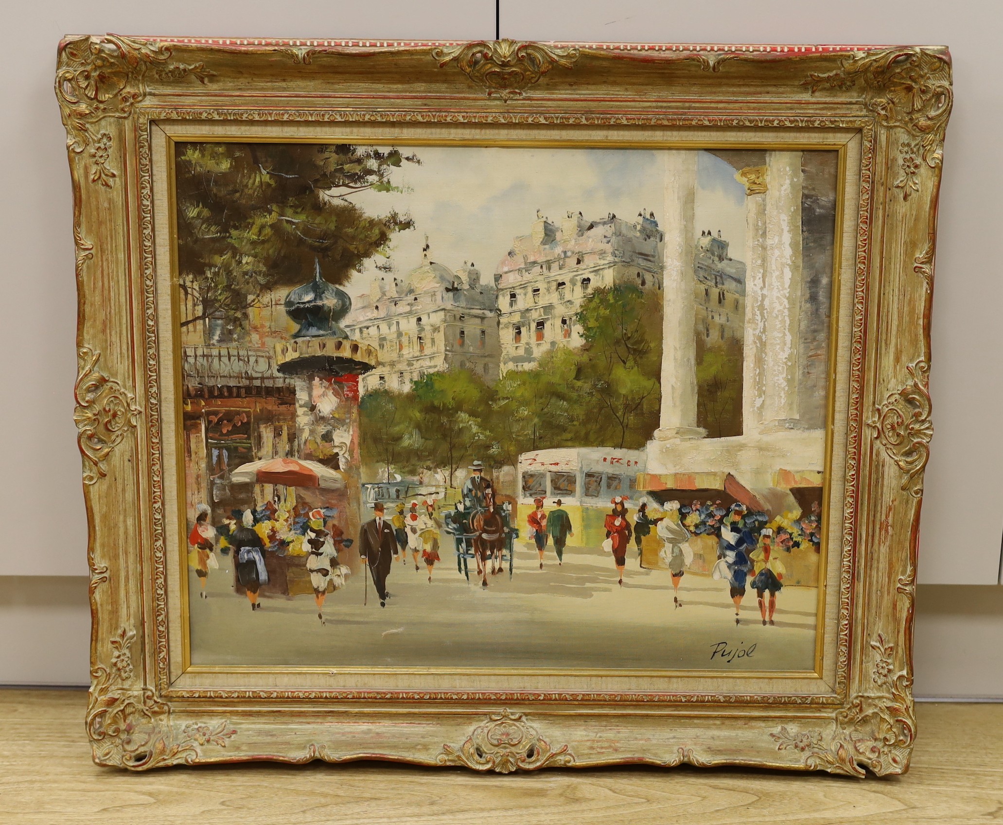 Josep Pujol (Spanish, 1905-1987), oil on canvas, Paris street scene, signed, 50 x 60cm (a.f)